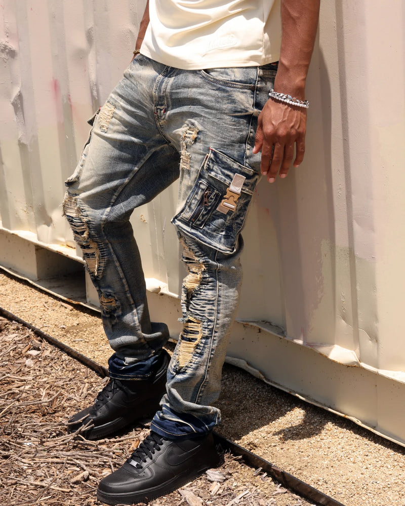 Makobi 'Lagos' Biker Jeans w/Side Pockets (Dirt Wash) M1947 - Fresh N Fitted Inc