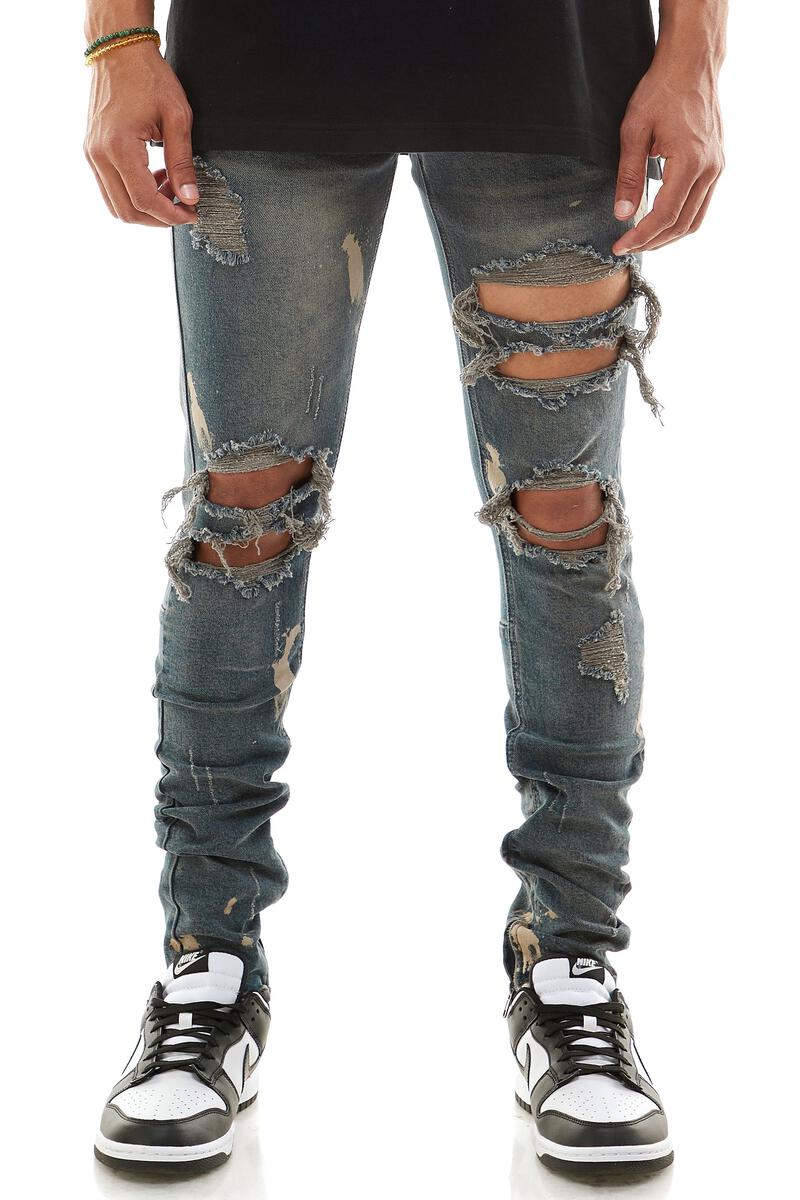 KDNK Destroyed Knee Ankle Zip Denim (Steel Blue) KND4344