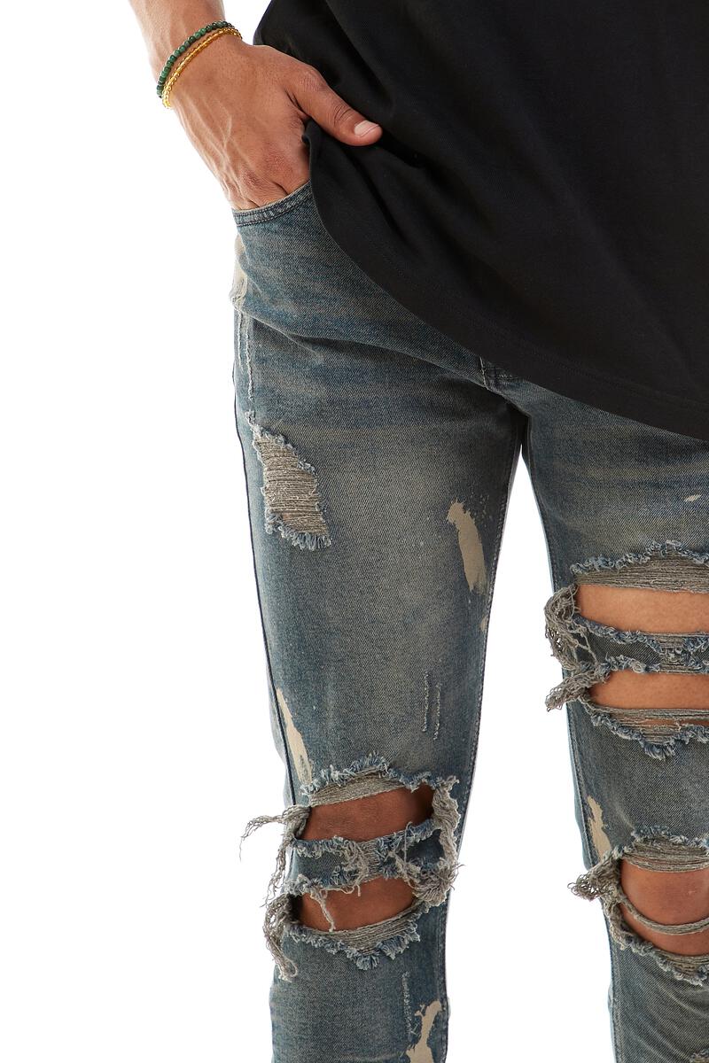 KDNK Destroyed Knee Ankle Zip Denim (Steel Blue) KND4344