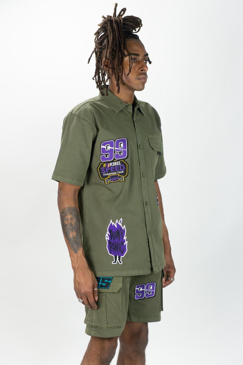 Rebel Minds 'Rebel Patch Twill' Button Up T-Shirt (Olive) 631-771 - Fresh N Fitted Inc