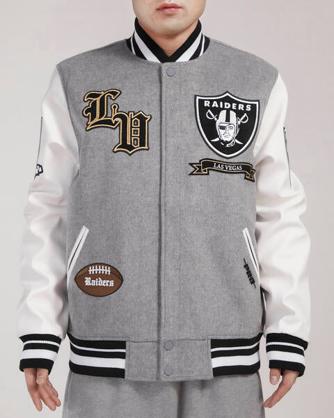 Las Vegas Raiders Logo Varsity Jacket (Heather Grey) - Fresh N Fitted Inc