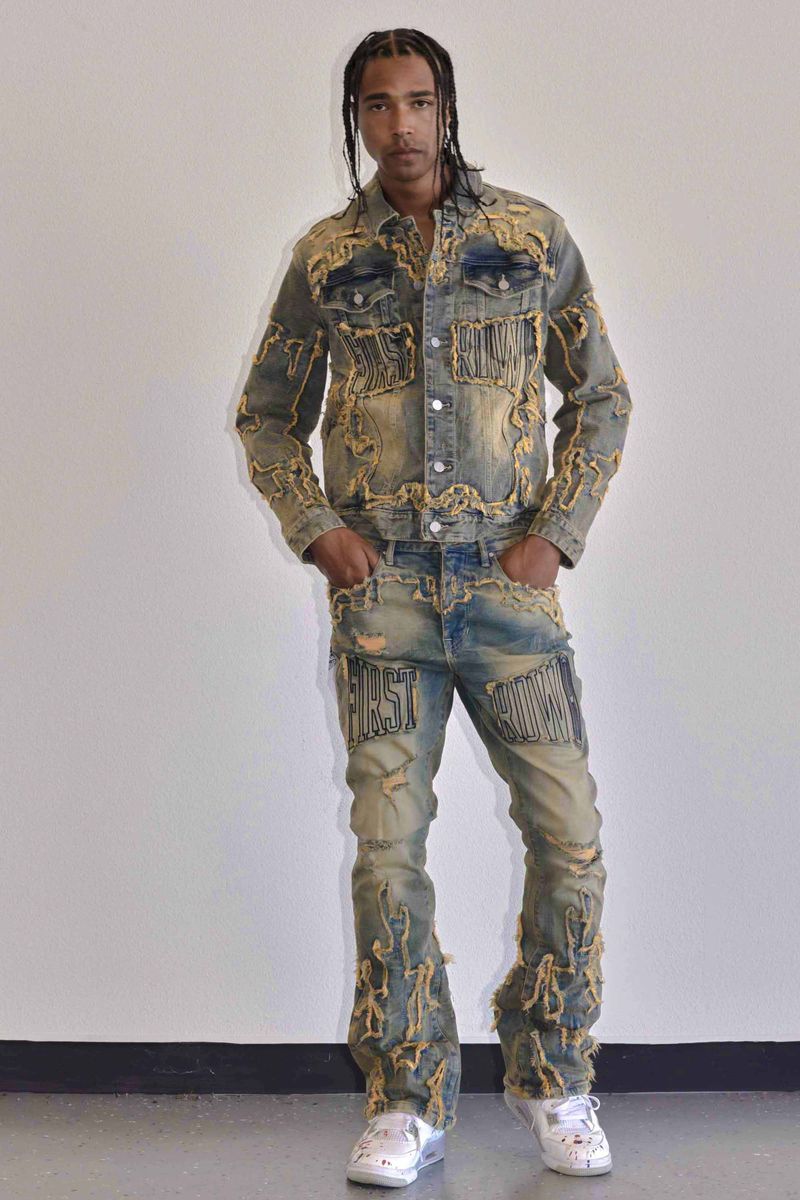 First Row 'Western' Trucker Denim Jacket (Medium Stone)