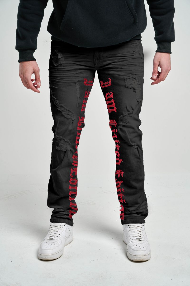 Taker 'Slim Fit Rip & Repair EMB' Stretch Denim (Black/Red) T4018