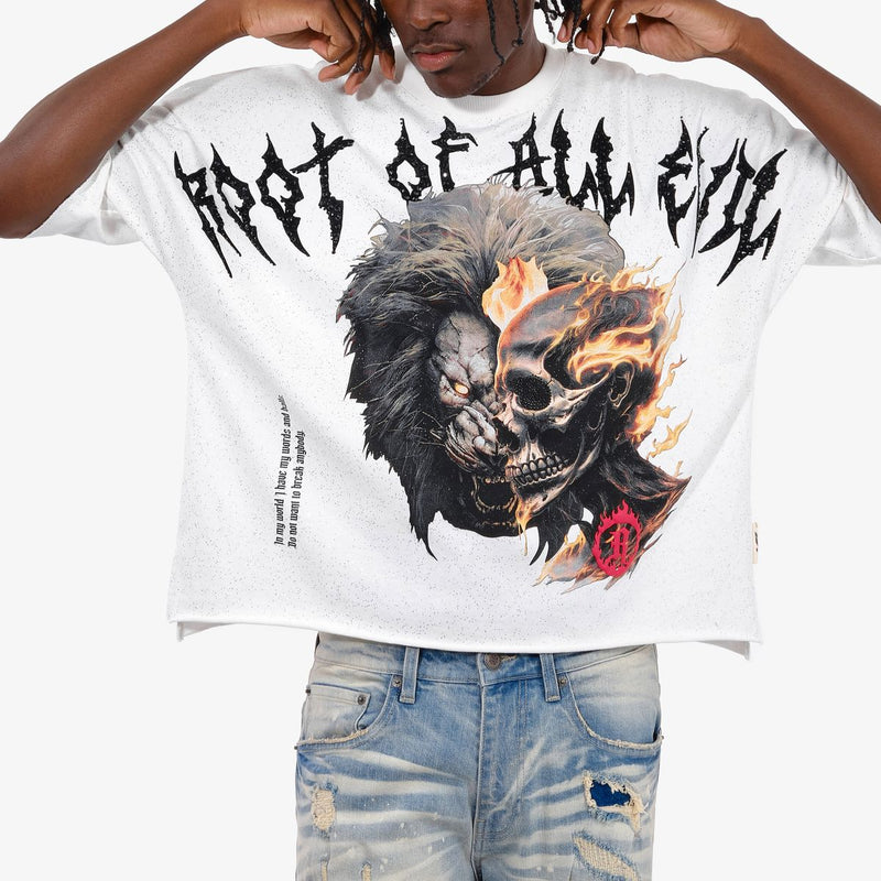 VOYAGE STUDIO 'Root Of All Evil' Cropped Rhinestone T-Shirt (White) 51T15