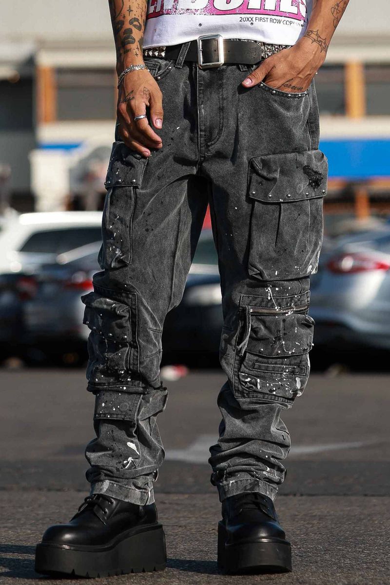 First Row 'Stud' Cargo Slim Fit Denim (Black) FRP3131