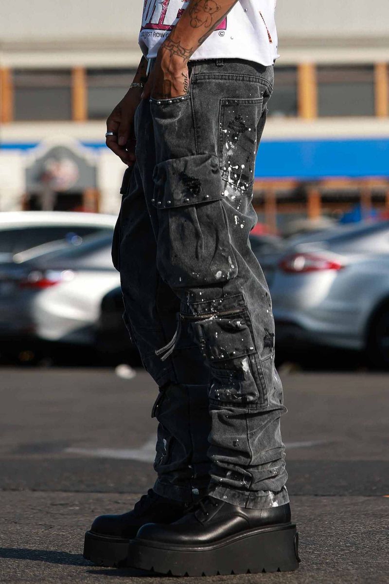 First Row 'Stud' Cargo Slim Fit Denim (Black) FRP3131