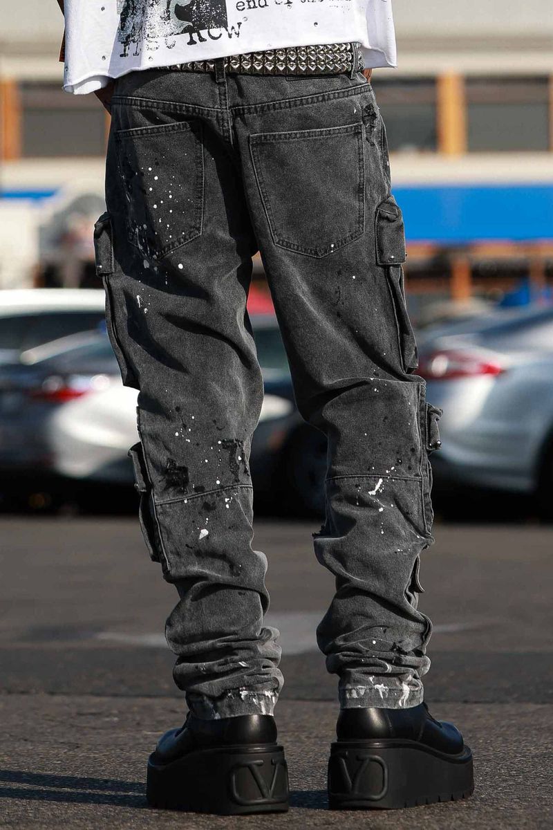 First Row 'Stud' Cargo Slim Fit Denim (Black) FRP3131