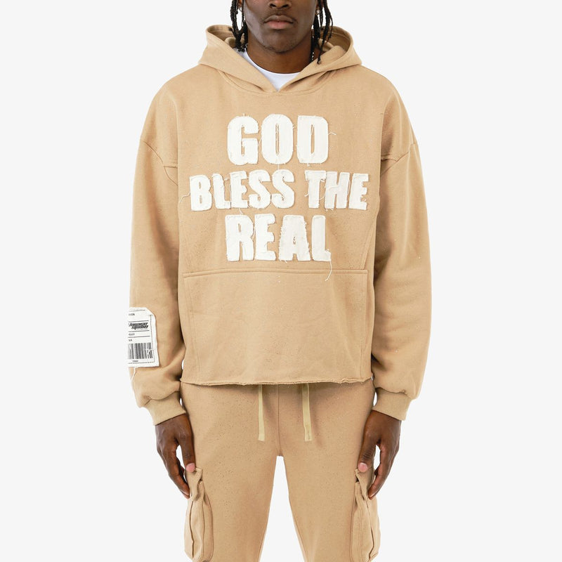 VOYAGE STUDIO 'God Bless The Real' Cropped Hoodie (Khaki) 53J13