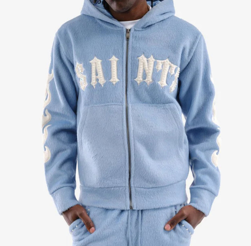 Copper Rivet 'Saints' Mohair Pearl Embroidery Zip Hoodie (Light Blue) 531081