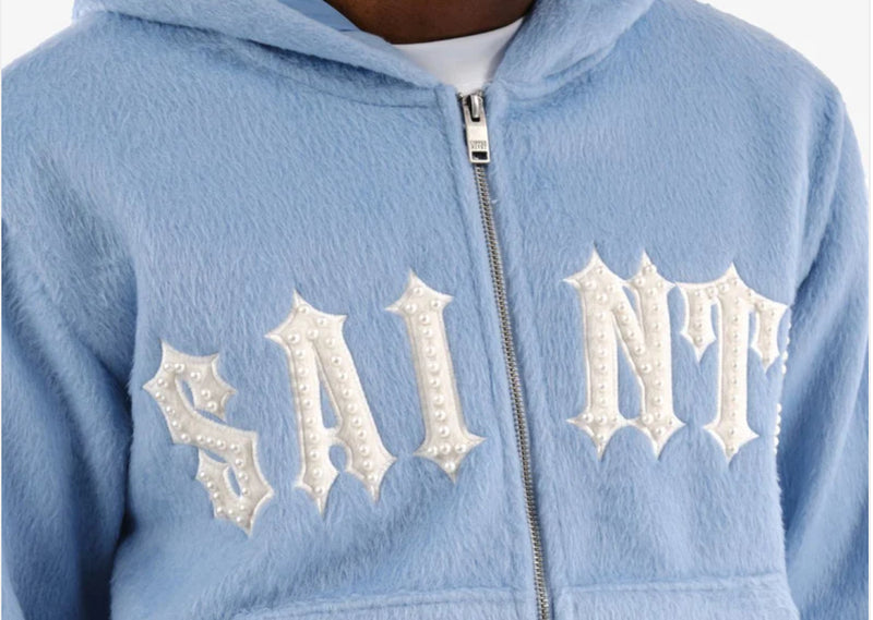 Copper Rivet 'Saints' Mohair Pearl Embroidery Zip Hoodie (Light Blue) 531081