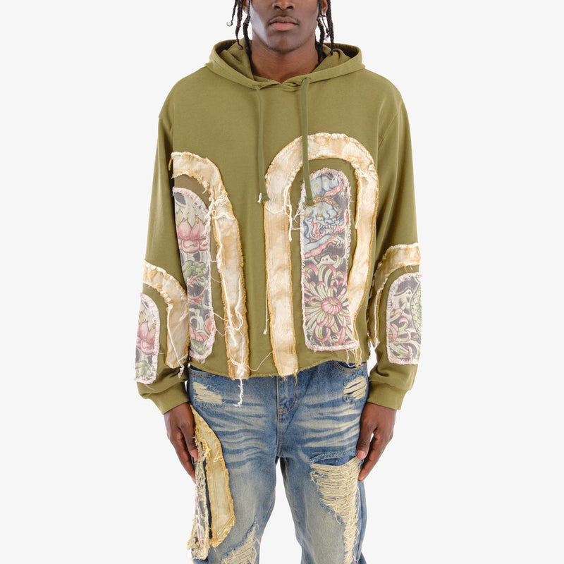 VOYAGE STUDIO 'Dragon' Rip & Tear Terry Cropped Hoodie (Olive) 53J10