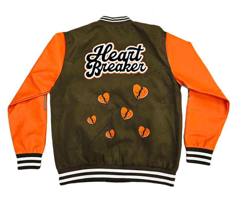 PG Apparel 'Heart Breaker' Varsity Jacket (Olive/Orange) - Fresh N Fitted Inc