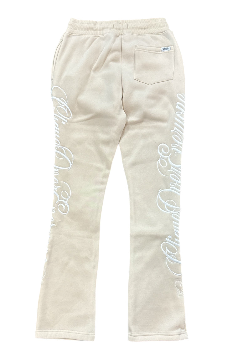 Highly Undrtd 'Clique Over Everyone' Stacked Embroidered Joggers (Beige) UF4213