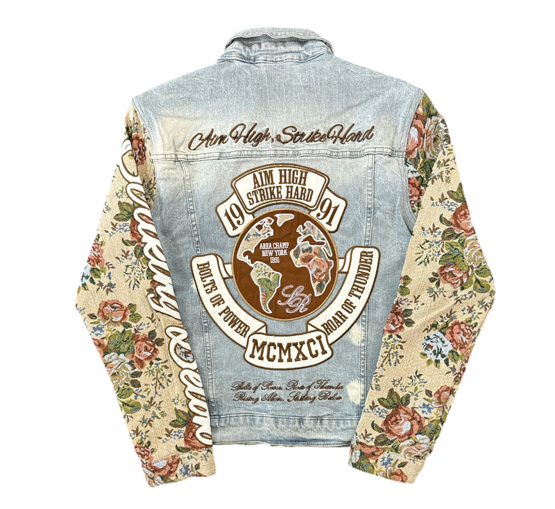 Smoke Rise 'Aim High' Tapestry Sleeve Denim Jacket (Seville Blue) JJ24614