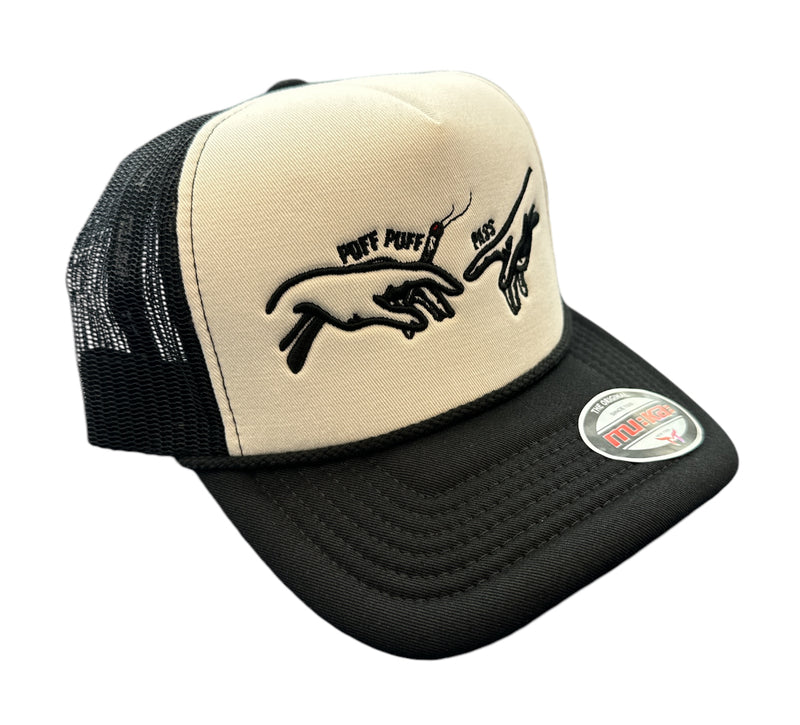 Muka 'Puff Puff Pass' Trucker Hat (White/Black) T5428