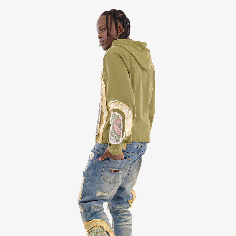 VOYAGE STUDIO 'Dragon' Rip & Tear Terry Cropped Hoodie (Olive) 53J10