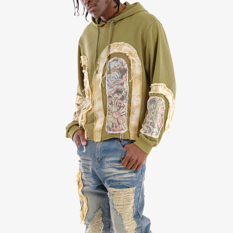 VOYAGE STUDIO 'Dragon' Rip & Tear Terry Cropped Hoodie (Olive) 53J10