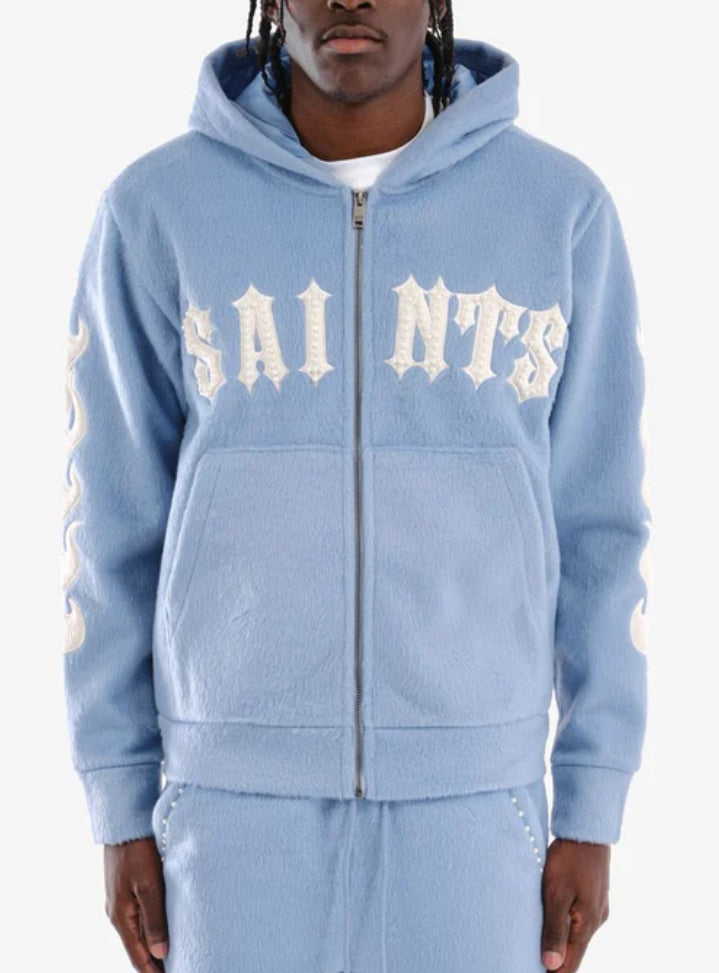 Copper Rivet 'Saints' Mohair Pearl Embroidery Zip Hoodie (Light Blue) 531081
