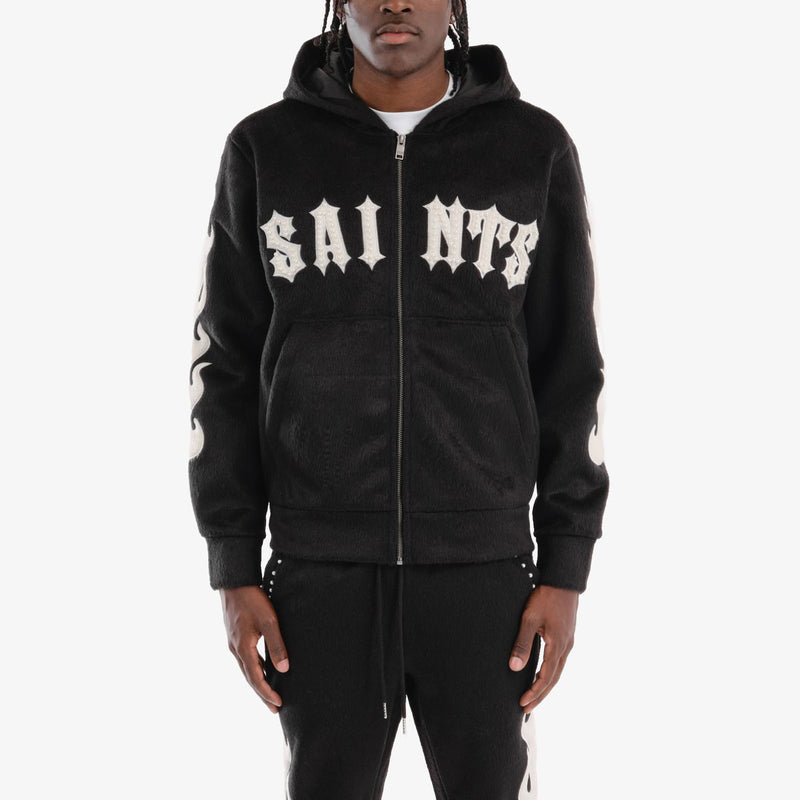 Copper Rivet 'Saints' Mohair Pearl Embroidery Zip Hoodie (Black) 531081