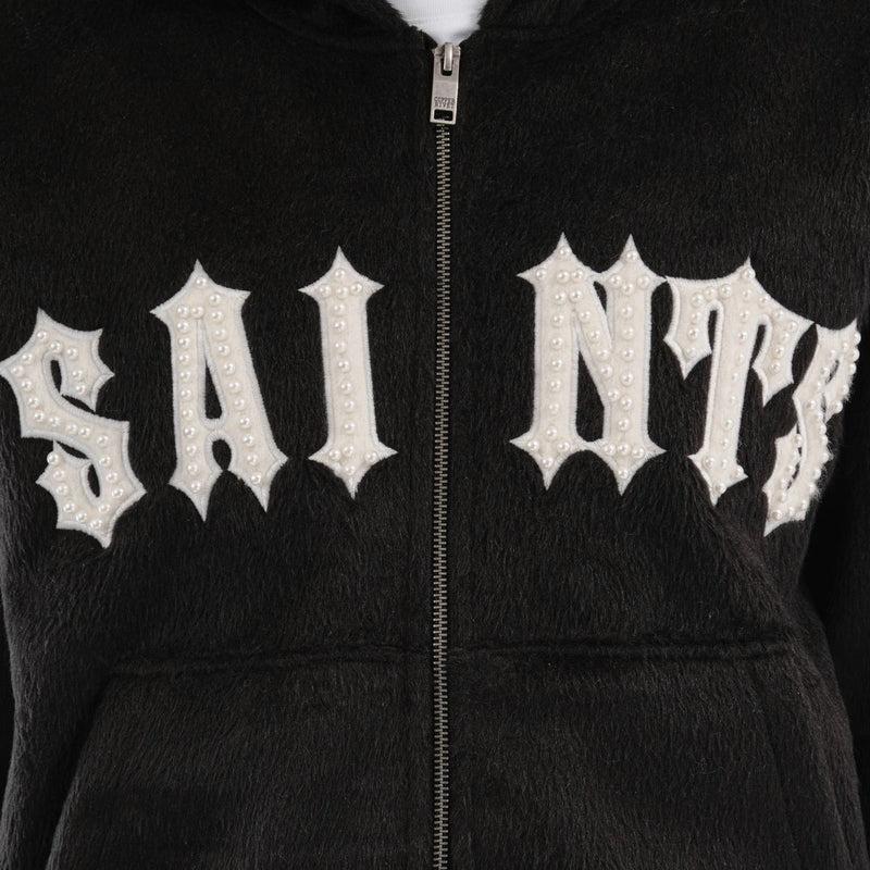 Copper Rivet 'Saints' Mohair Pearl Embroidery Zip Hoodie (Black) 531081