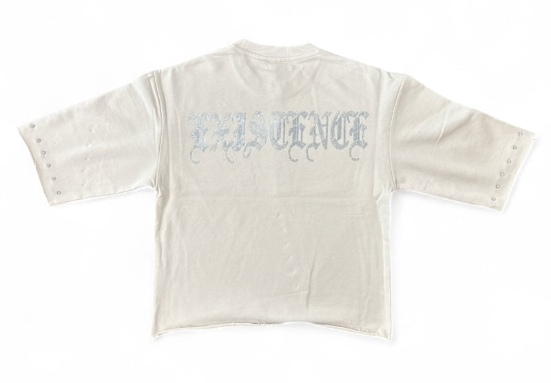 Highly Undrtd 'UN Existence' 3/4 Sleeve Rhinestone Cropped T-Shirt (Champagne) HF5504