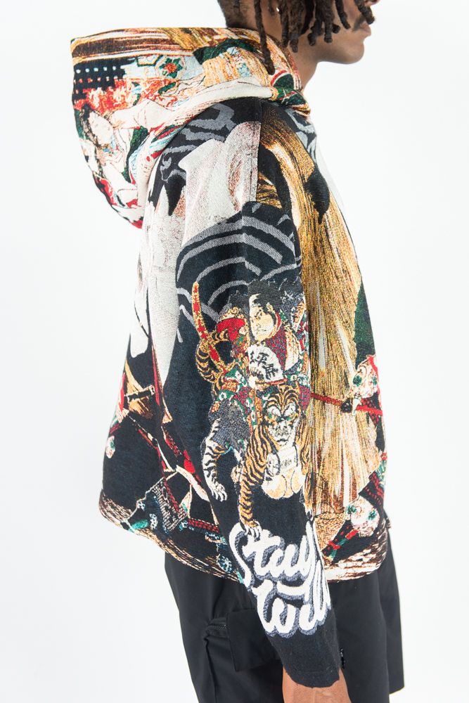 Rebel Minds 'Stay Wild' Rhinestone Tapestry Zip Up Hoodie (Black) 152-336
