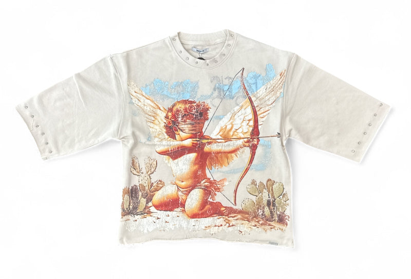 Highly Undrtd 'UN Existence' 3/4 Sleeve Rhinestone Cropped T-Shirt (Champagne) HF5504