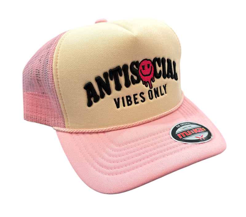 MUKA 'AntiSocial Vibes Only' Trucker Hat (Ivory/Pink) T5462A