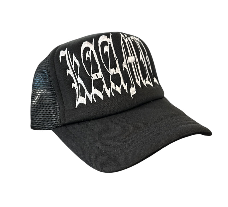 KML ‘DAMAGED GOODS' Trucker Hat (Black) - FRESH N FITTED