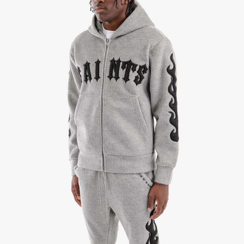 Copper Rivet 'Saints' Mohair Pearl Embroidery Zip Hoodie (Gray) 531081