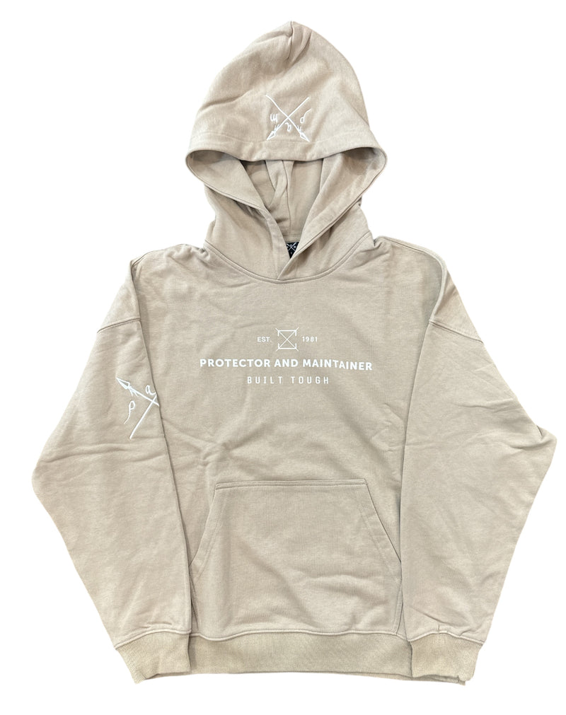 Protector and Maintainer 'Built Tough' French Terry Pullover Hoodie (Beige/White)