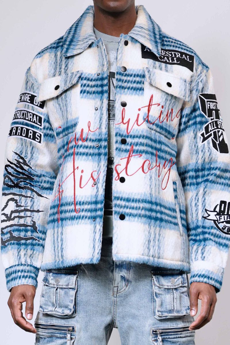 First Row 'Ancestral Call' Multi Patches Wool Shaket (Blue) FRJ2091A