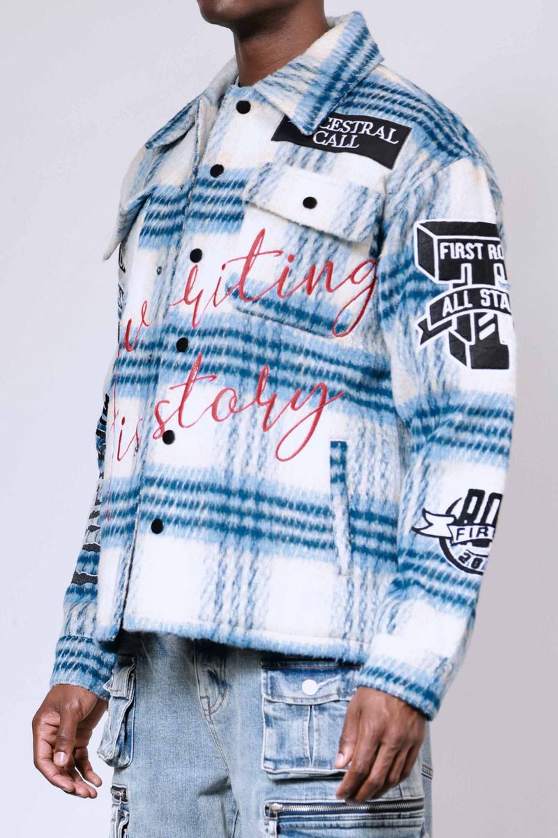 First Row 'Ancestral Call' Multi Patches Wool Shaket (Blue) FRJ2091A