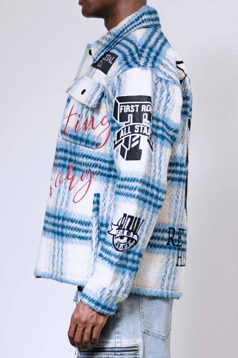 First Row 'Ancestral Call' Multi Patches Wool Shaket (Blue) FRJ2091A