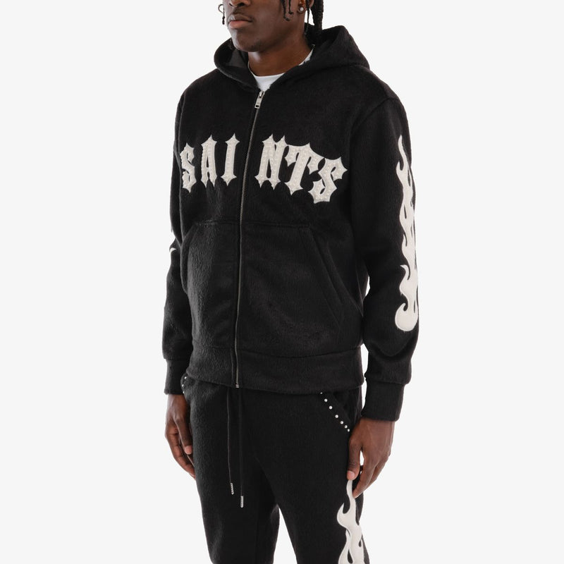 Copper Rivet 'Saints' Mohair Pearl Embroidery Zip Hoodie (Black) 531081