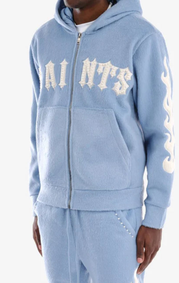 Copper Rivet 'Saints' Mohair Pearl Embroidery Zip Hoodie (Light Blue) 531081