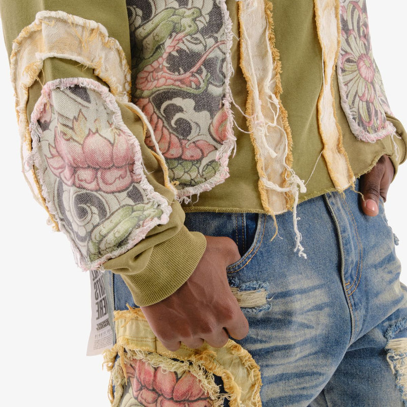 VOYAGE STUDIO 'Dragon' Rip & Tear Terry Cropped Hoodie (Olive) 53J10