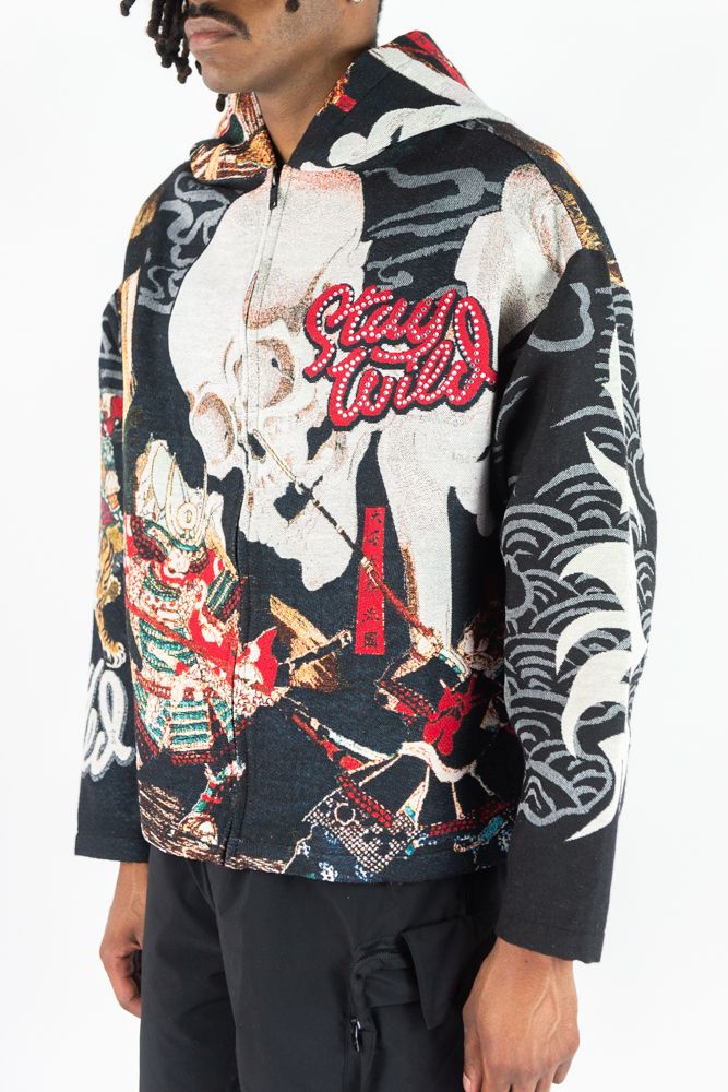 Rebel Minds 'Stay Wild' Rhinestone Tapestry Zip Up Hoodie (Black) 152-336