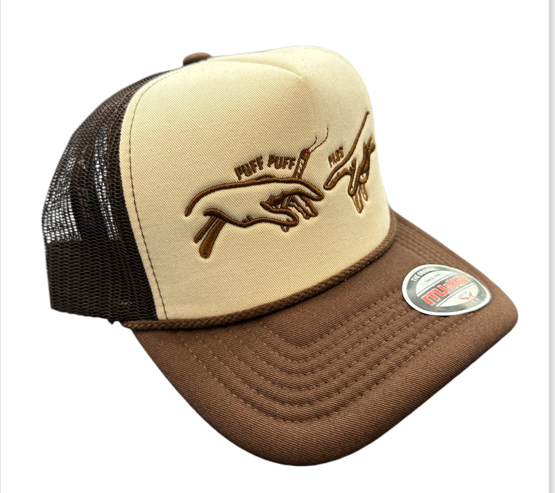 Muka 'Puff Puff Pass' Trucker Hat (Cream/Brown) T5428