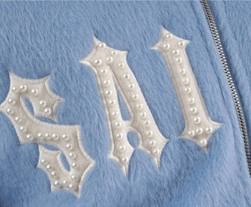 Copper Rivet 'Saints' Mohair Pearl Embroidery Zip Hoodie (Light Blue) 531081