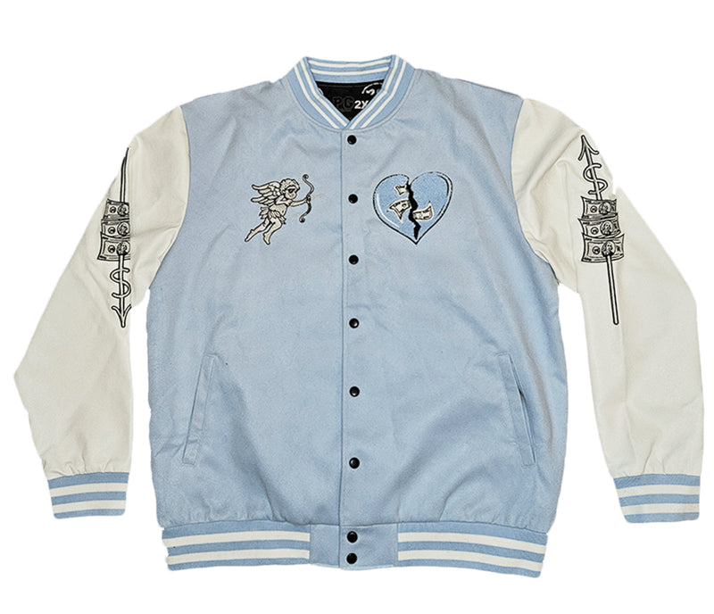 PG Apparel 'Heart Breaker' Varsity Jacket (Light Blue/White) - Fresh N Fitted Inc