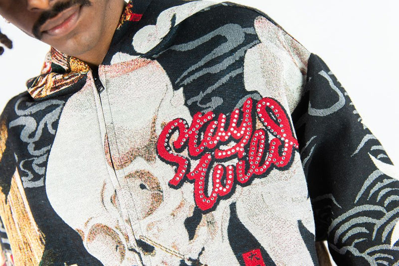 Rebel Minds 'Stay Wild' Rhinestone Tapestry Zip Up Hoodie (Black) 152-336