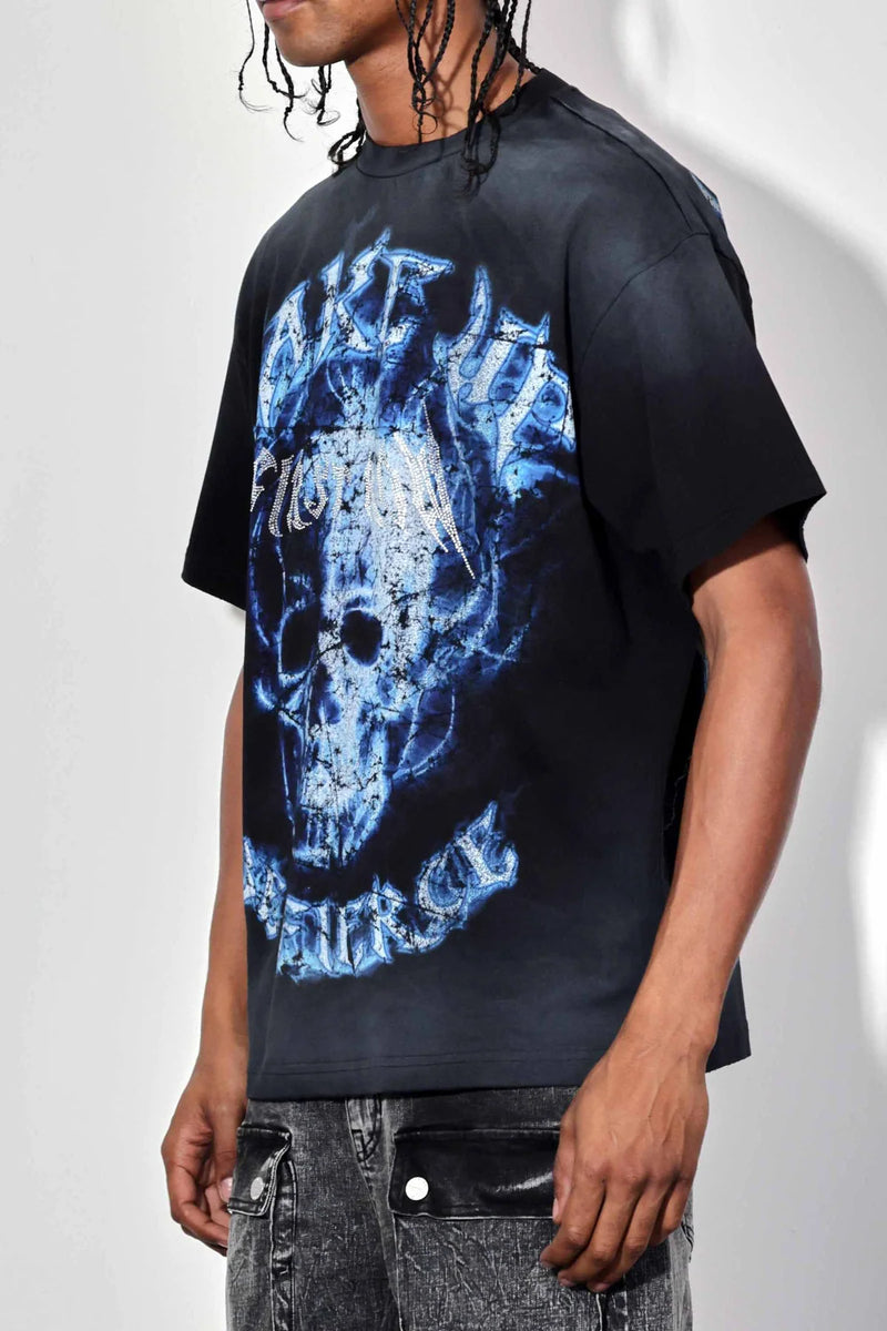 First Row 'Wake Up And Be Fierce' Flame Skull Washed T-Shirt (Black) FRT2157A