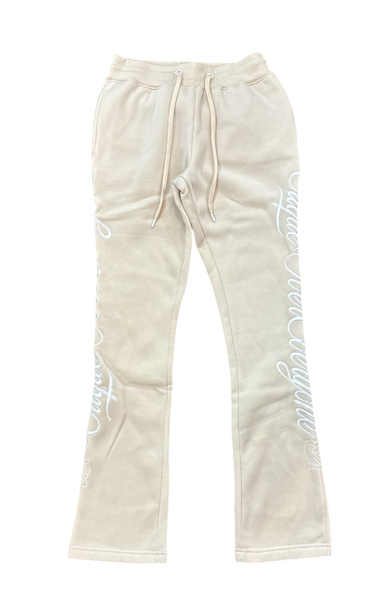 Highly Undrtd 'Clique Over Everyone' Stacked Embroidered Joggers (Beige) UF4213