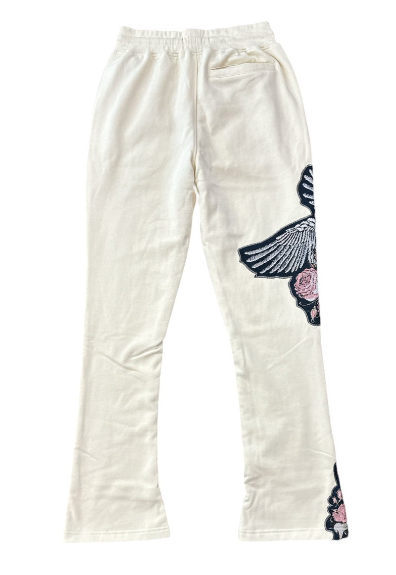 Rebel Denim 'Tapestry Patch' Fleece Stack Flared Sweat Pants (Cream) 642-452