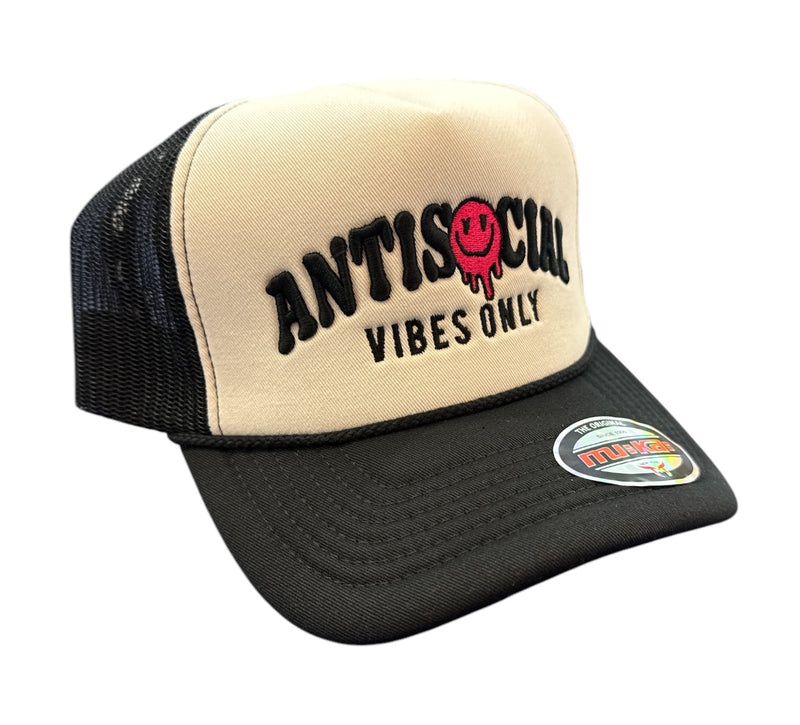 MUKA 'AntiSocial Vibes Only' Trucker Hat (White/Black) T5462A