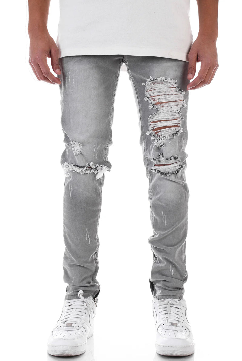 KDNK Distressed Ankle Zip Denim (Grey) KND4454