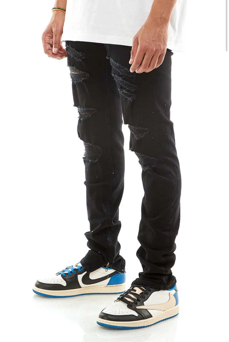 KDNK Paint Splatter Destroyed Ankle Zip Denim (Black) KND4194