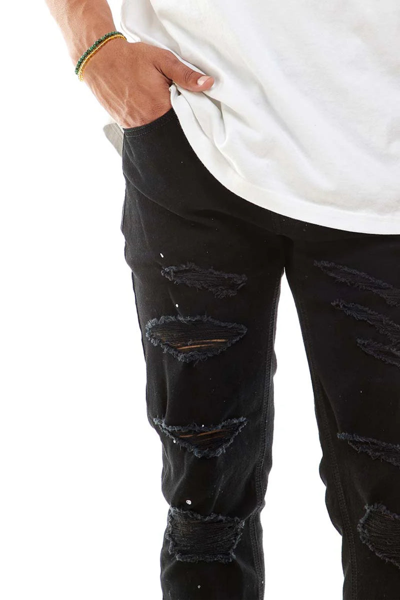 KDNK Paint Splatter Destroyed Ankle Zip Denim (Black) KND4194