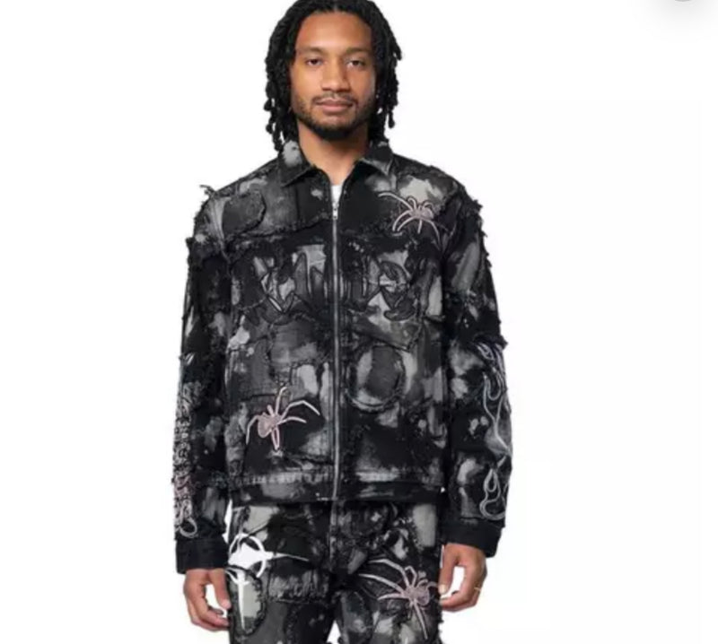 Smoke Rise 'Grindhouse Men's Patchwork' Denim Jacket (Nickel Black) JJ24546